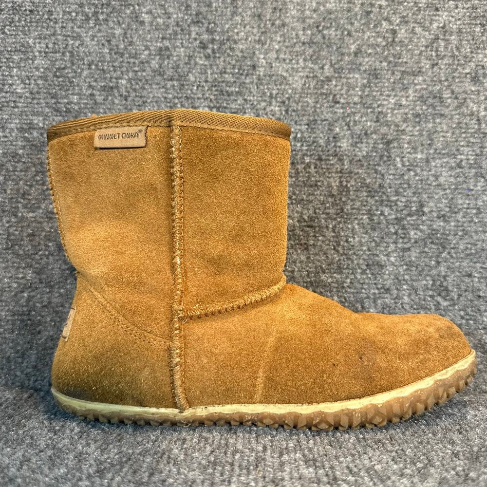 Minnetonka Camel Suede Faux Fur Lined Ankle Boots Moccasin Slippers Shoes Wm's 7